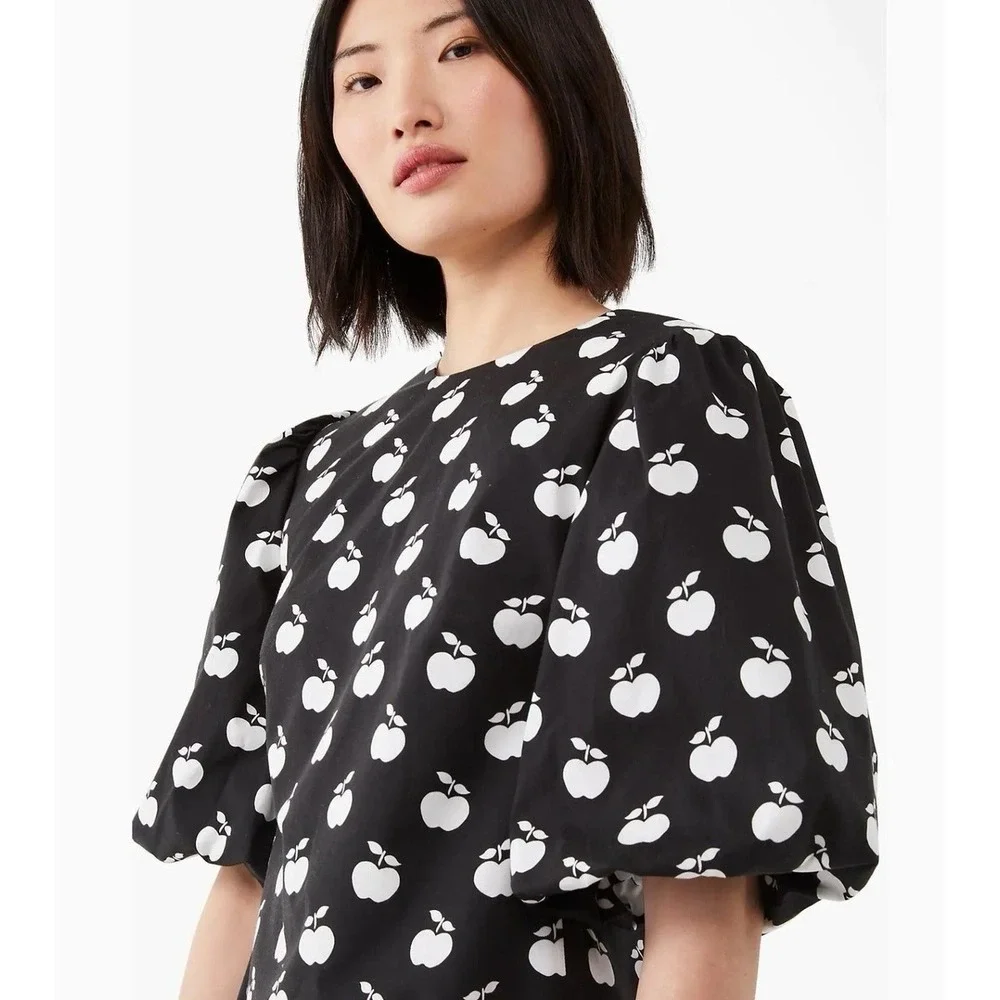 KATE SPADE New York Apple Toss Taxi Dress Puff Sleeve Lined Black White Size 8